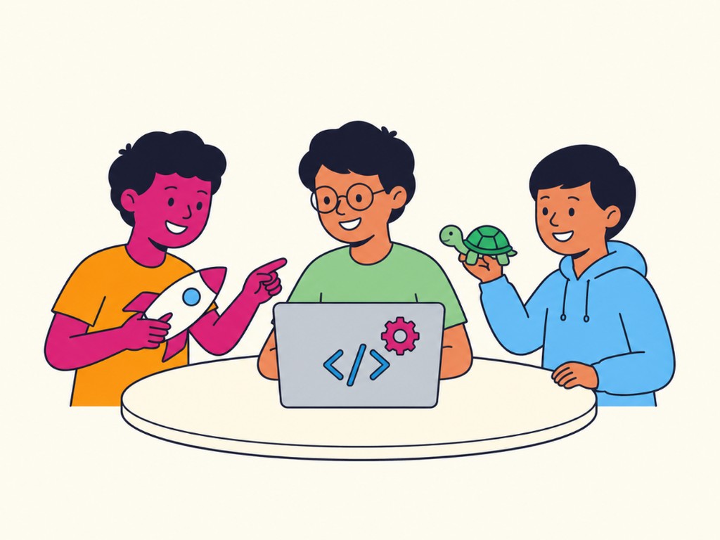 Illustration of three school students at a laptop, one holding a toy turtle and one a paper rocket